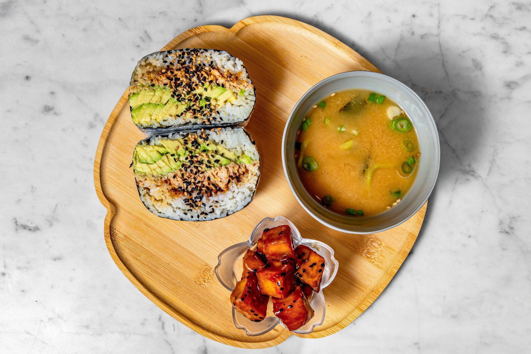 1 Any ONIGIRAZU, Candied Sweet Potato, Miso Soup
