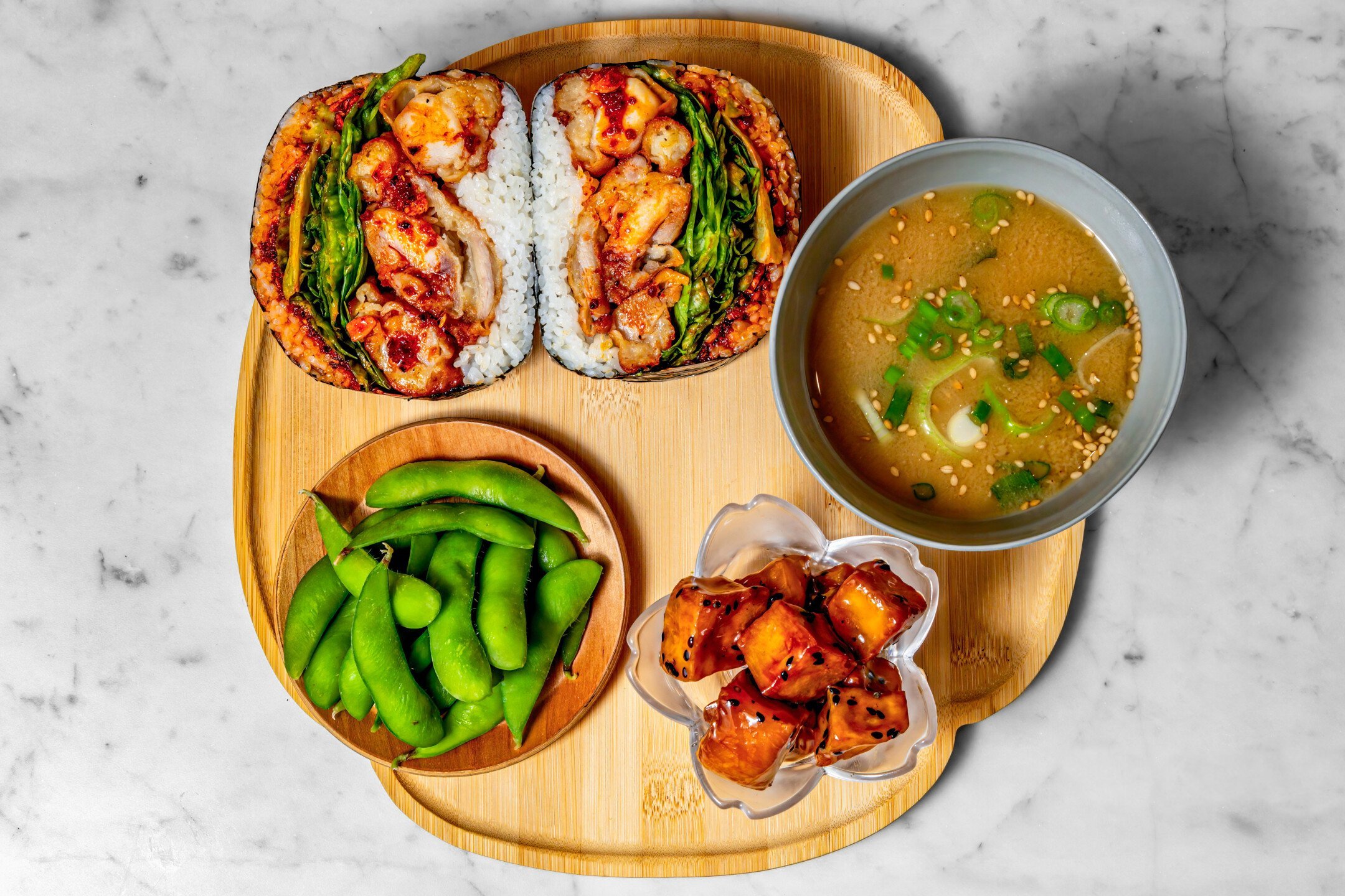 Deluxe Combo: 1 Any ONIGIRAZU, Candied Sweet Potato, Edamame, and Miso Soup