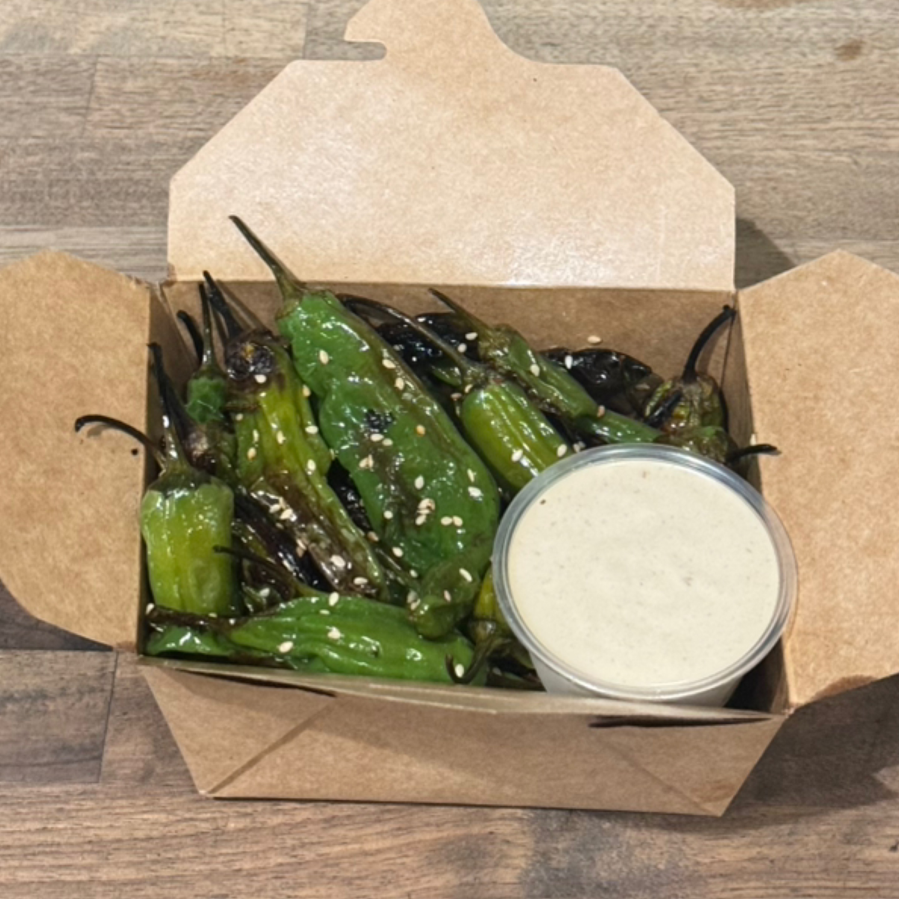 Fire Roasted Shishito Peppers with miso yuzu aioli